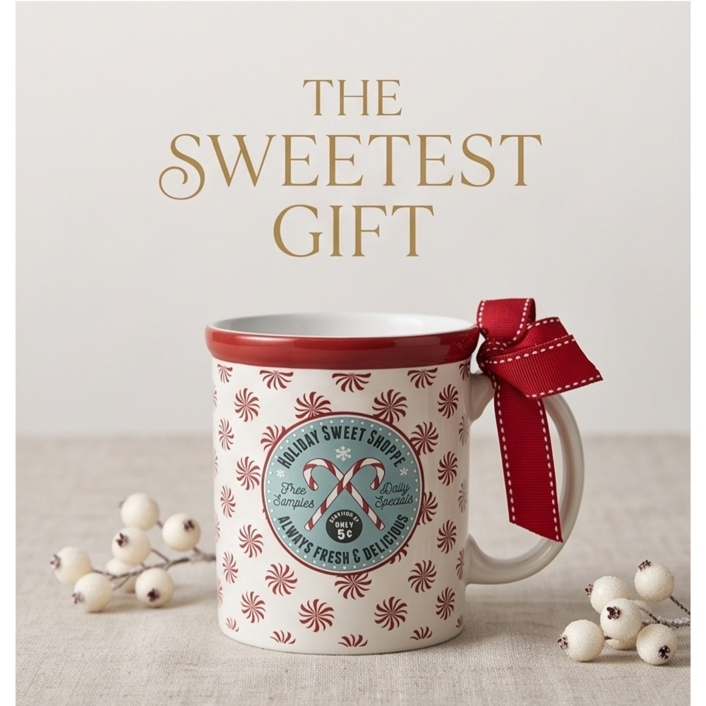 DesignPac Holiday Sweet Shoppe Peppermint Candy Cane Christmas Mug Red Bow NEW